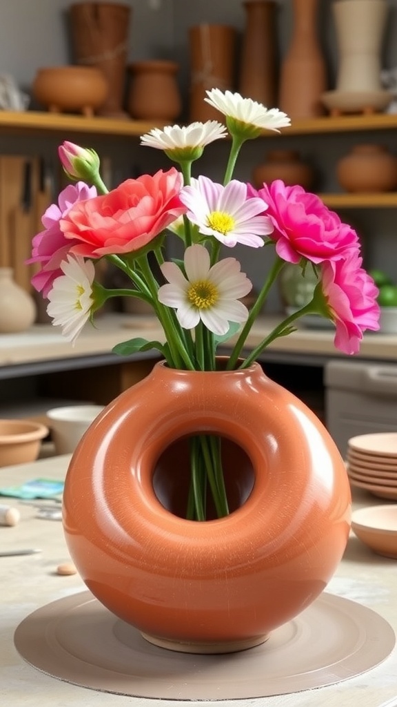 A colorful donut vase pottery with flowers, set in a pottery studio.